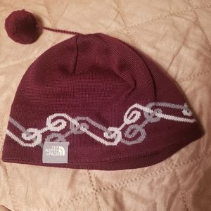 The North Face Burgundy Swirl Wool Knit Pom Pom Beanie Hat